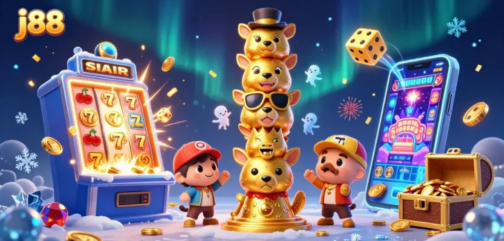 Engage with j88 as a vibrant totem pole interacts with lively casino elements.