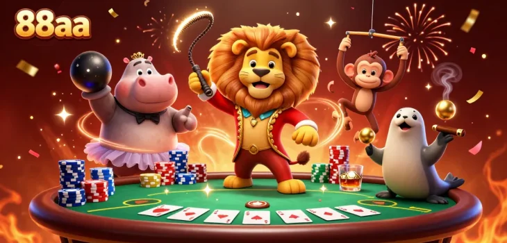 88aa brings excitement to the casino with vibrant characters at a poker table.