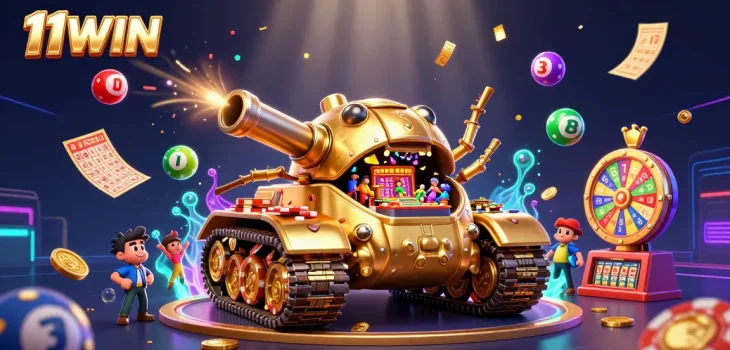 Experience the vibrant excitement of 11WIN with a dynamic casino scene featuring a golden beetle tank and lottery elements.