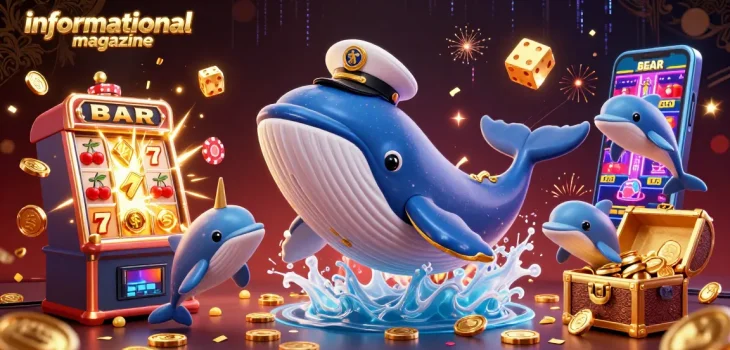 Join the fun in this informational magazine-themed casino scene featuring whales, poker chips, and slot machines.