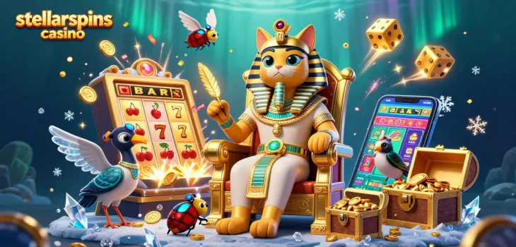 Experience the thrill at stellarspins casino with Egyptian pharaoh cat amid jackpot excitement.