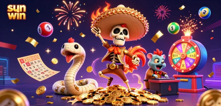 Sun win celebration with a mariachi rooster, mummy snake, and a DJ hamster amidst lottery themes.