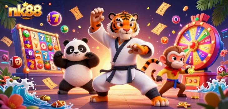 Experience thrilling nk88 slots with a kung fu tiger master, pandas, and monkeys in action.
