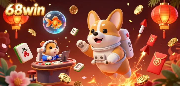 Experience thrilling play at 68win with a vibrant space casino scene featuring floating poker chips and adventurous characters.