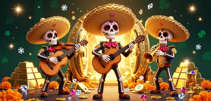 Experience the vibrant artistry of Xo888 with a lively mariachi band and treasure in an engaging casino scene.