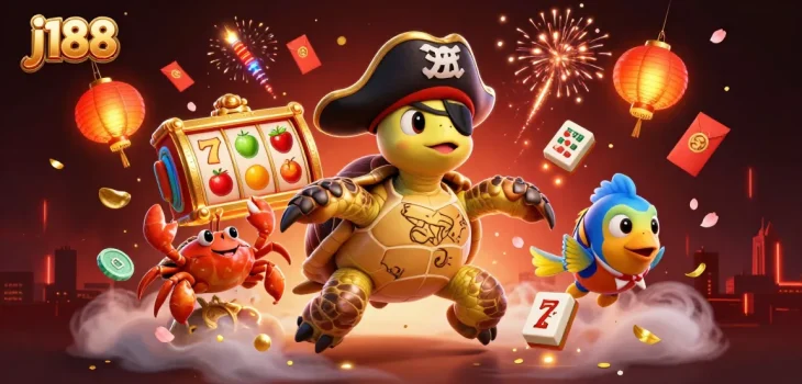 Engage in the thrilling j188 casino ambiance with vibrant characters and slot reels.