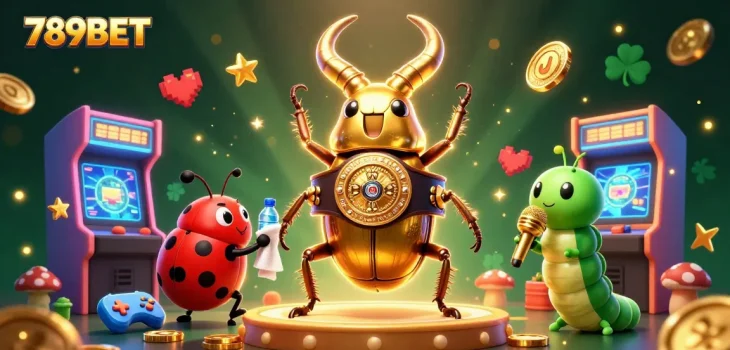 Engage in thrilling gameplay at 789BET with a 3D illustration of a giant golden stag beetle boxing champion.