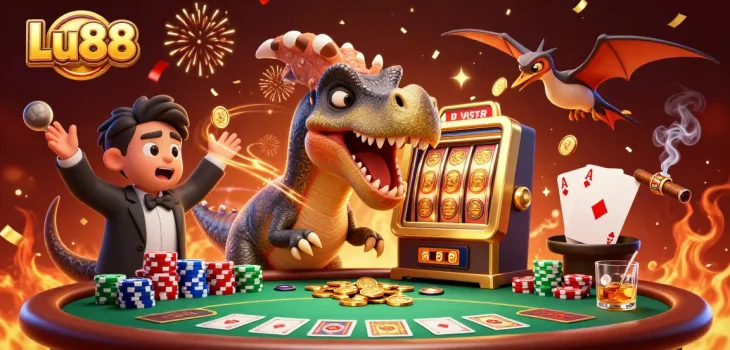 Experience thrilling wins at Lu88 with a 3D pachycephalosaurus unlocking jackpot coins from a golden slot machine.