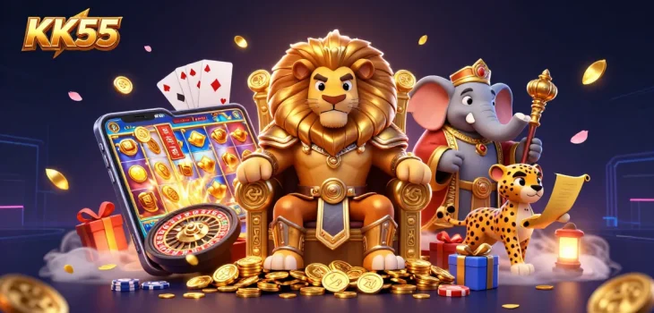 Experience the excitement of KK55 with a vibrant 3D casino scene featuring a lion king, elephant, and cheetah.