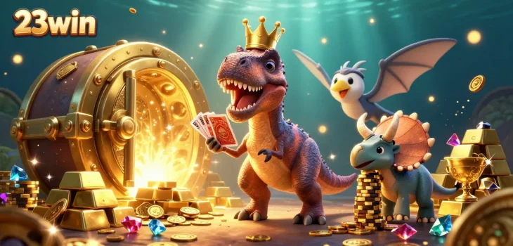 23win T-Rex shuffles cards with vibrant casino elements, showcasing unique online gambling fun.