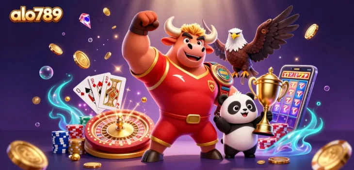 Experience thrilling gaming with alo789's vibrant 3D casino scene featuring symbols of excitement and victory.