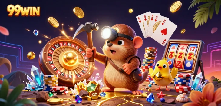 Experience thrilling gaming adventures with 99WIN in this action-packed casino illustration.