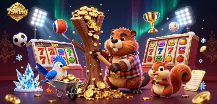 A captivating scene with 79king's lumberjack beaver amidst slot reels and golden coins, showcasing fun casino dynamics.