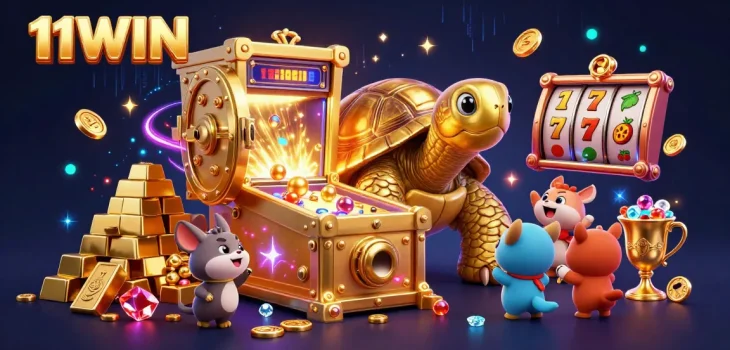 Experience thrilling gameplay with 11WIN's golden tortoise pinball machine surrounded by dazzling casino treasures.