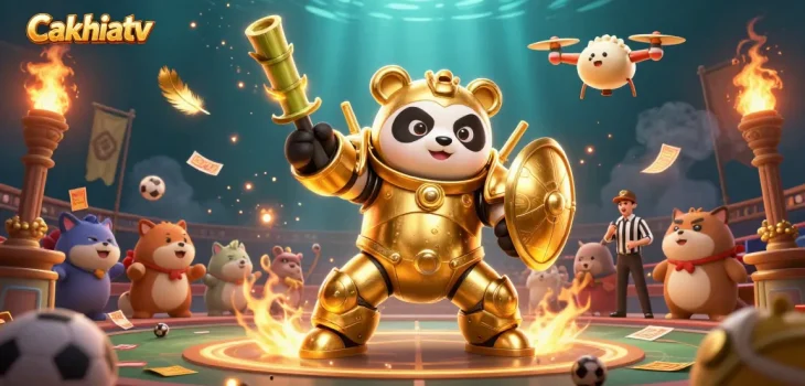 Cakhiatv showcases a dynamic sports betting scene with a golden panda in a mech-suit battling amidst betting slips and sports elements.