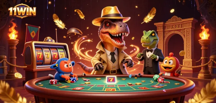 11WIN showcases a thrilling blackjack scene with dynamic cartoon dinosaurs, vibrant casino elements, and rich details.