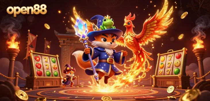 open88 showcases an enchanting casino scene with mystical characters and slot elements, featuring gold coins and vibrant effects.