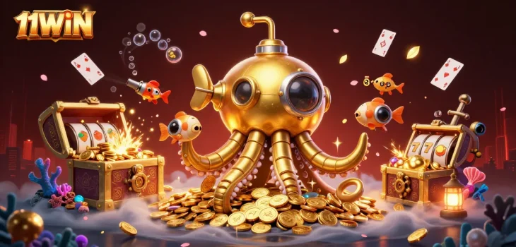 Engage with 11WIN's dynamic underwater scene featuring a golden kraken and vibrant casino elements.