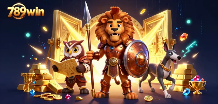 Engage in thrilling gameplay at 789win with a dazzling casino illustration showcasing epic battles and treasures.