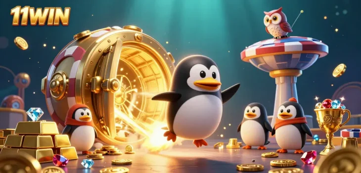 Experience the thrill of winning at 11WIN with a dynamic scene of a golden penguin amidst casino treasures.