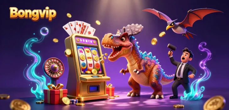 Bongvip's pachycephalosaurus wins jackpot coins from a golden slot machine amidst casino chaos