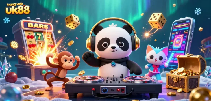 Engage with the vibrant world of trang web uk88, featuring a DJ panda and colorful casino elements.