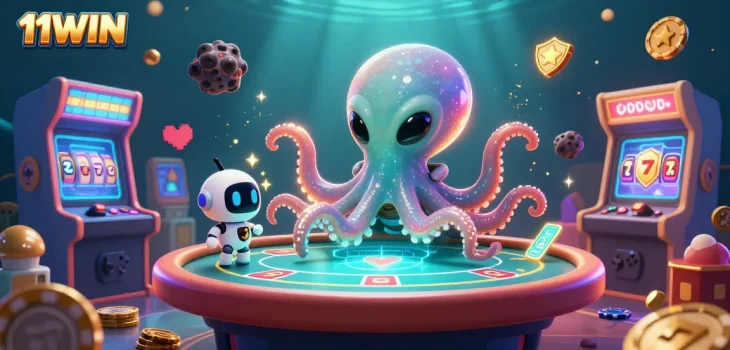 Engage with the vibrant 11WIN casino scene featuring an alien octopus at a holographic poker table.