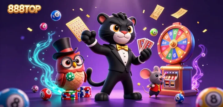 Engage with thrilling gameplay at 888TOP featuring a stylish black panther dealing cards amidst vibrant casino elements.