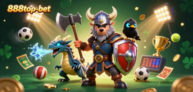 Experience thrilling moments at 888top-bet with a dynamic illustration featuring a Viking wolf warrior, ice-breathing dragon, and sports elements.