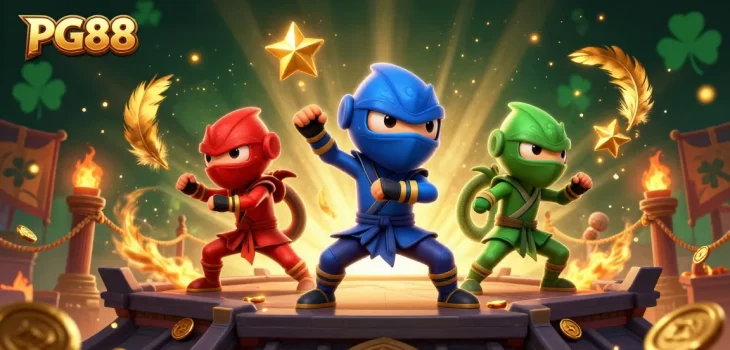 Experience the thrill of gaming at PG88 with a dynamic ninja chameleon team showcasing martial arts.