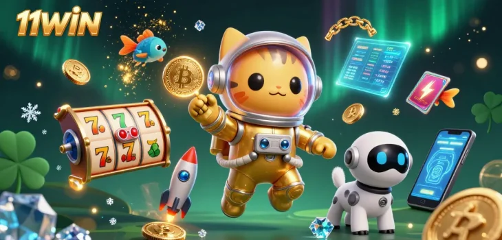 Experience the thrilling allure of 11WIN through a vibrant 3D casino scene with a space astronaut cat.
