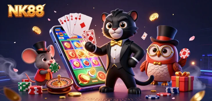 NK88 showcases a stylish panther dealing cards among vibrant casino elements in a dynamic 3D scene.