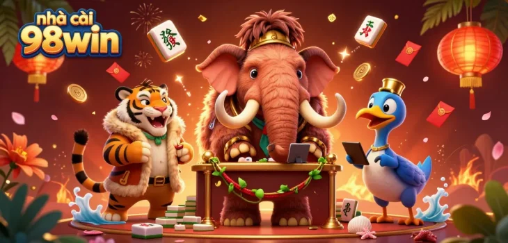 Catching the thrill at nhà cái 98win with a colorful illustration of casino characters and gaming elements