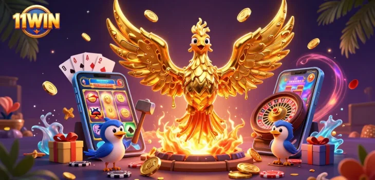 Experience the thrill of 11WIN with a dynamic golden phoenix and casino elements in action.