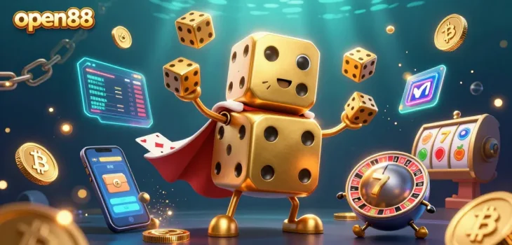 Join the excitement at open88 with a vibrant 3D illustration of a golden dice golem and crypto elements.