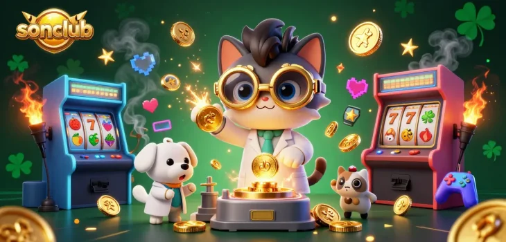 Experience thrilling game action at sonclub with cartoon characters amidst dynamic casino elements.