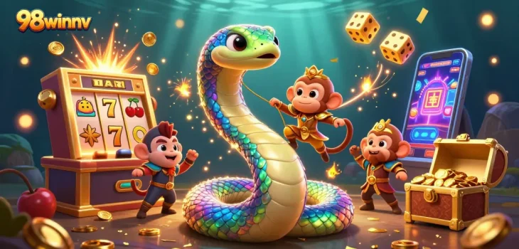 Experience jackpot thrills with 98winnv's colorful casino world featuring vibrant slot machines and dynamic characters.