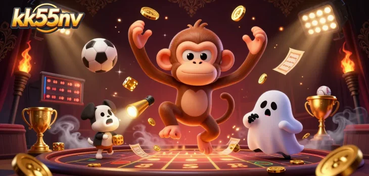 Experience the thrill with kk55nv as a playful poltergeist monkey juggles golden casino treasures.