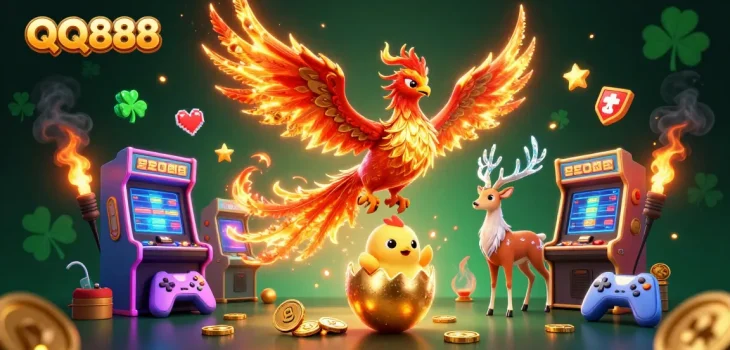 Experience QQ888 with a stunning illustration of a fire phoenix, baby phoenix, and mystical stag, showcasing colorful gaming elements and dynamic action.
