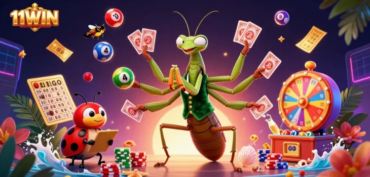 Engage with 11WIN's vibrant gaming scene featuring colorful elements and animated casino activities.