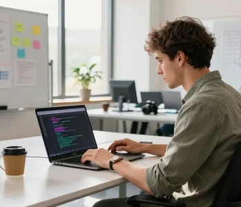 Engineer coding software to build internal tools with AI in a modern office setting.