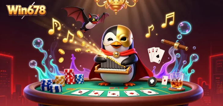 Win678 offers a thrilling gaming experience with cartoon characters in a dynamic casino scene.