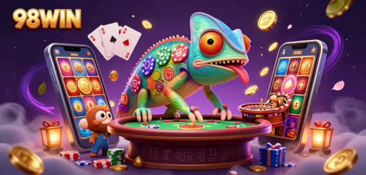 Experience the thrill of 98WIN with dynamic 3D characters and vibrant casino elements.