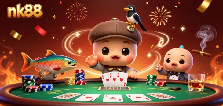 Engage in thrilling gaming action with nk88's vibrant 3D illustration featuring Nessie at a poker table.