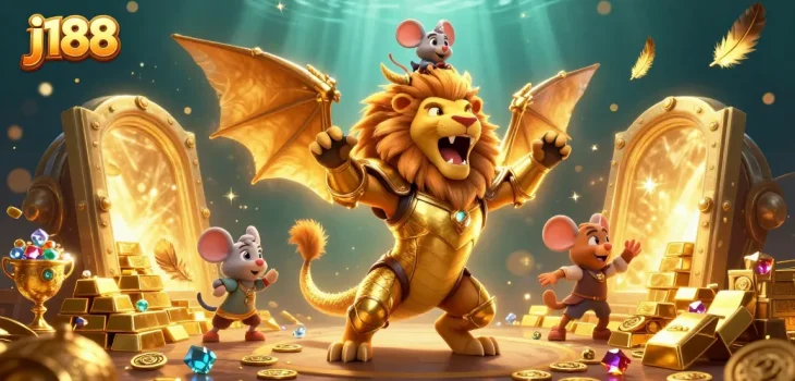 Experience the thrill of j188 with a victorious chimera and treasures in a stunning 3D scene.